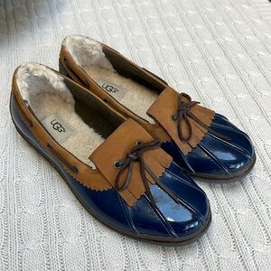 Women’s UGG Haylie Rain Skimmers Sz 9 Blue Brown Rubber Kiltie Duck Boat Shoes